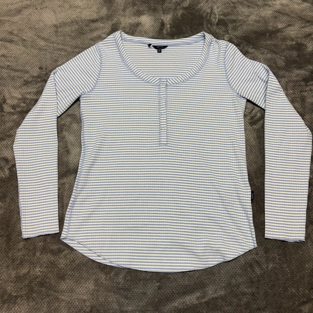 Buffalo David Bitton Womens Blue White Striped Ribbed Henley Long Sleeve Top XL